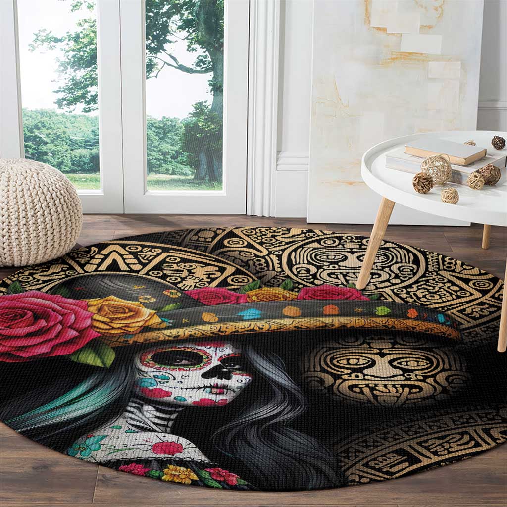 La Calavera Catrina Aztec Circle Round Carpet Dia de Muertos