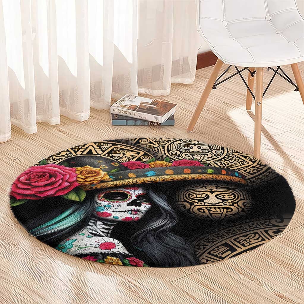 La Calavera Catrina Aztec Circle Round Carpet Dia de Muertos