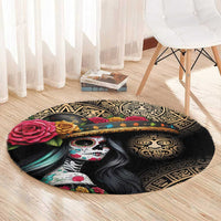 La Calavera Catrina Aztec Circle Round Carpet Dia de Muertos