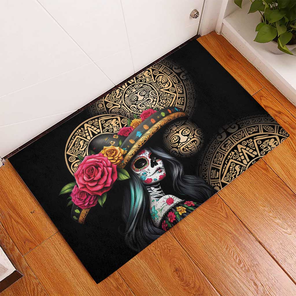 La Calavera Catrina Aztec Circle Rubber Doormat Dia de Muertos - Wonder Print Shop