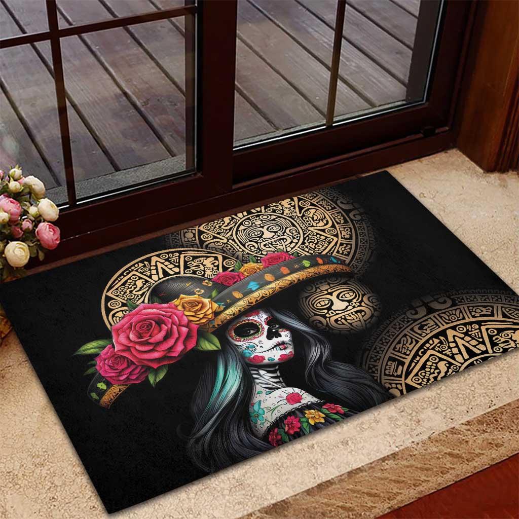 La Calavera Catrina Aztec Circle Rubber Doormat Dia de Muertos - Wonder Print Shop