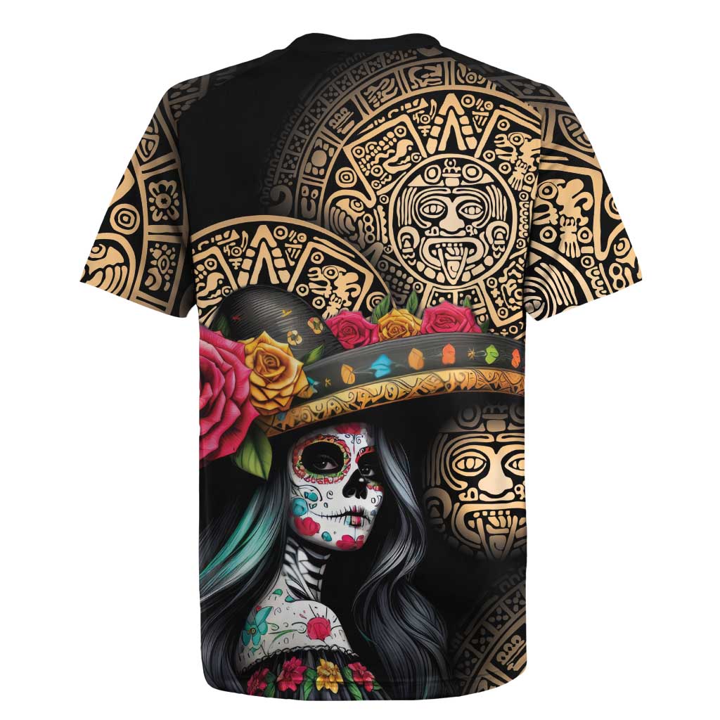 La Calavera Catrina Aztec Circle Rugby Jersey Dia de Muertos - Wonder Print Shop