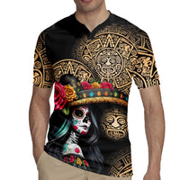 La Calavera Catrina Aztec Circle Rugby Jersey Dia de Muertos - Wonder Print Shop