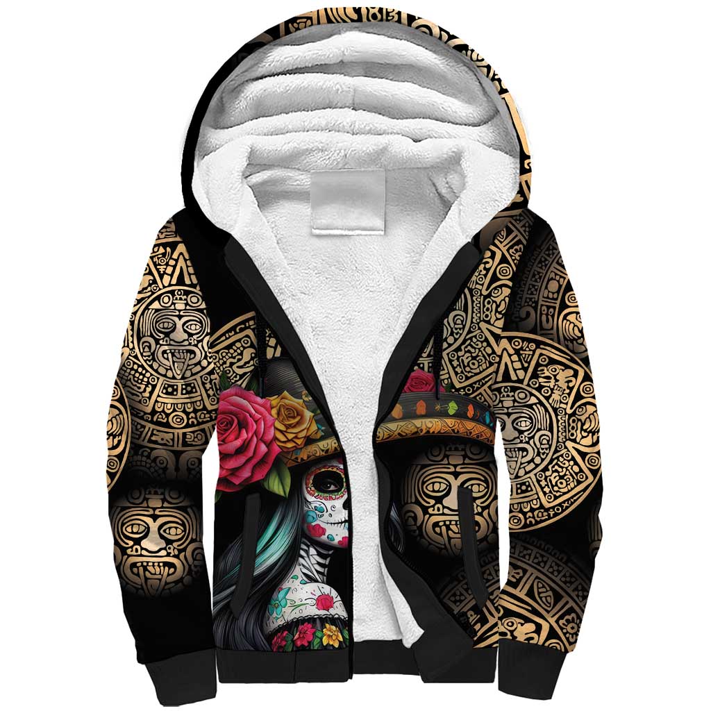 La Calavera Catrina Aztec Circle Sherpa Hoodie Dia de Muertos - Wonder Print Shop