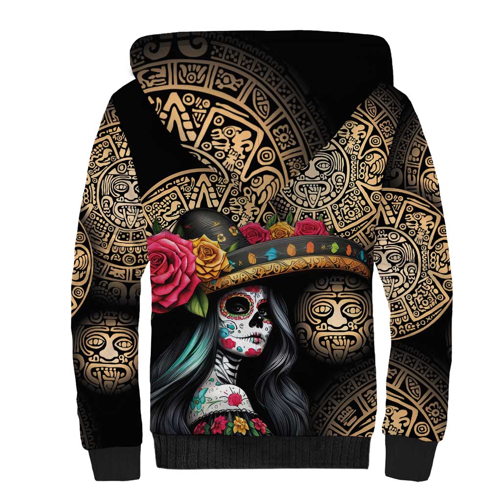 La Calavera Catrina Aztec Circle Sherpa Hoodie Dia de Muertos - Wonder Print Shop