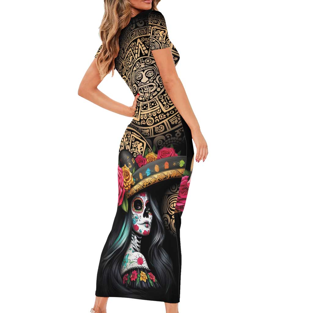 La Calavera Catrina Aztec Circle Short Sleeve Bodycon Dress Dia de Muertos - Wonder Print Shop