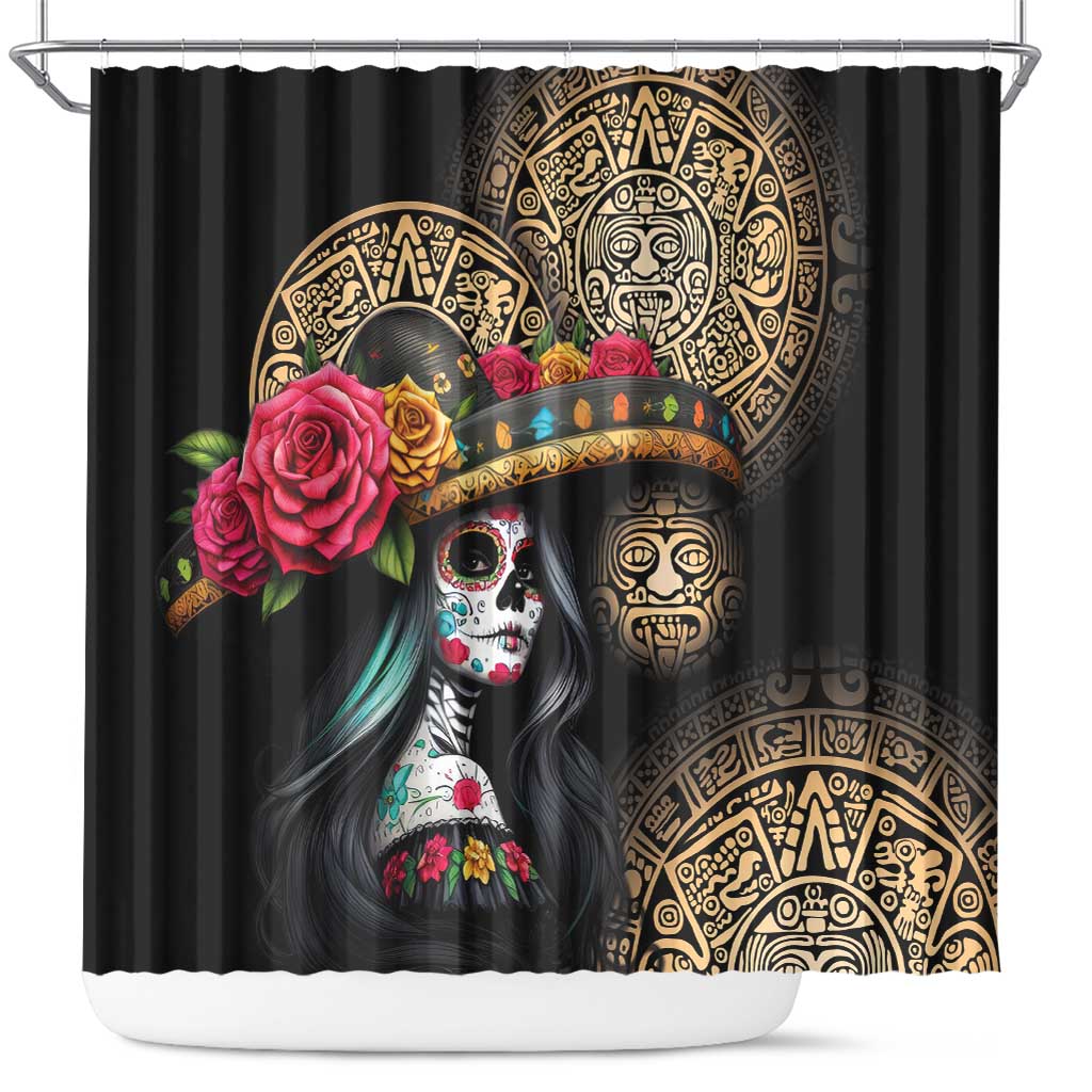 La Calavera Catrina Aztec Circle Shower Curtain Dia de Muertos