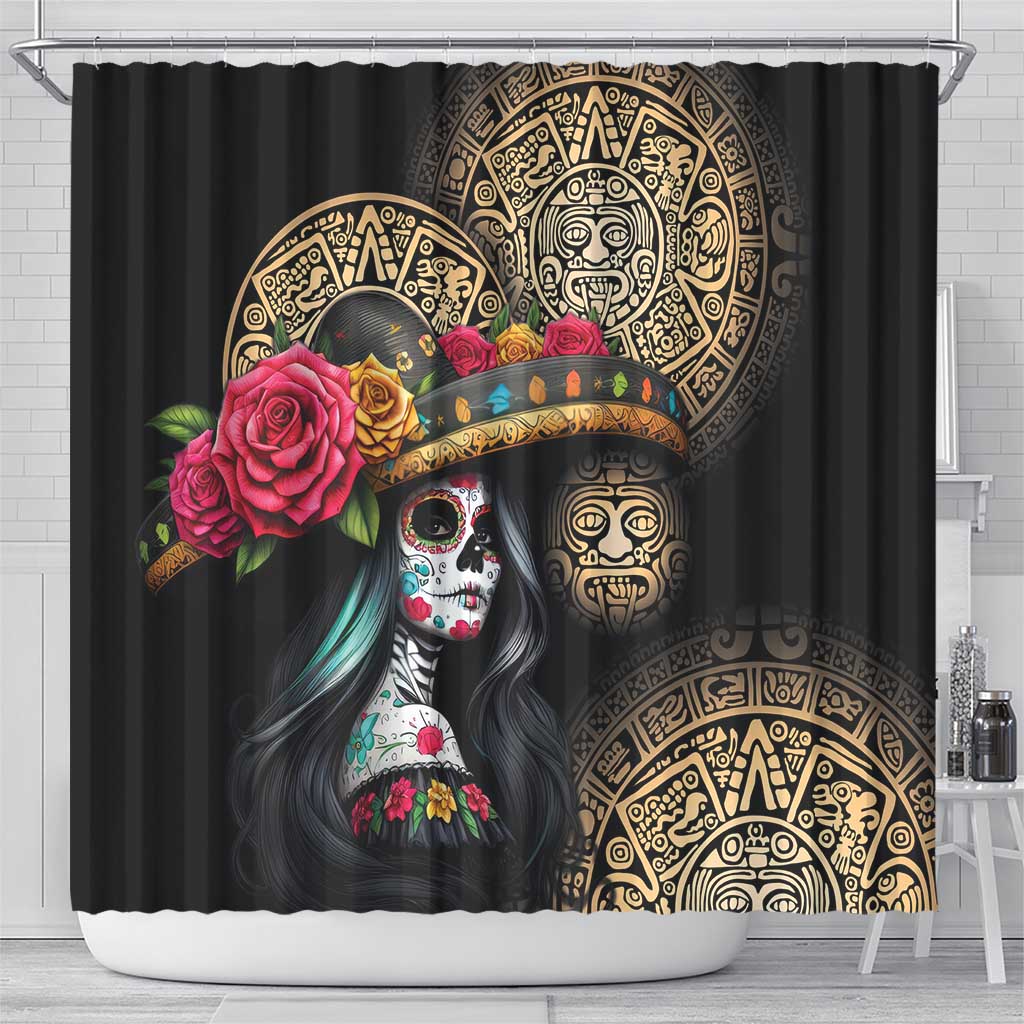 La Calavera Catrina Aztec Circle Shower Curtain Dia de Muertos