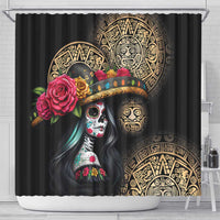 La Calavera Catrina Aztec Circle Shower Curtain Dia de Muertos
