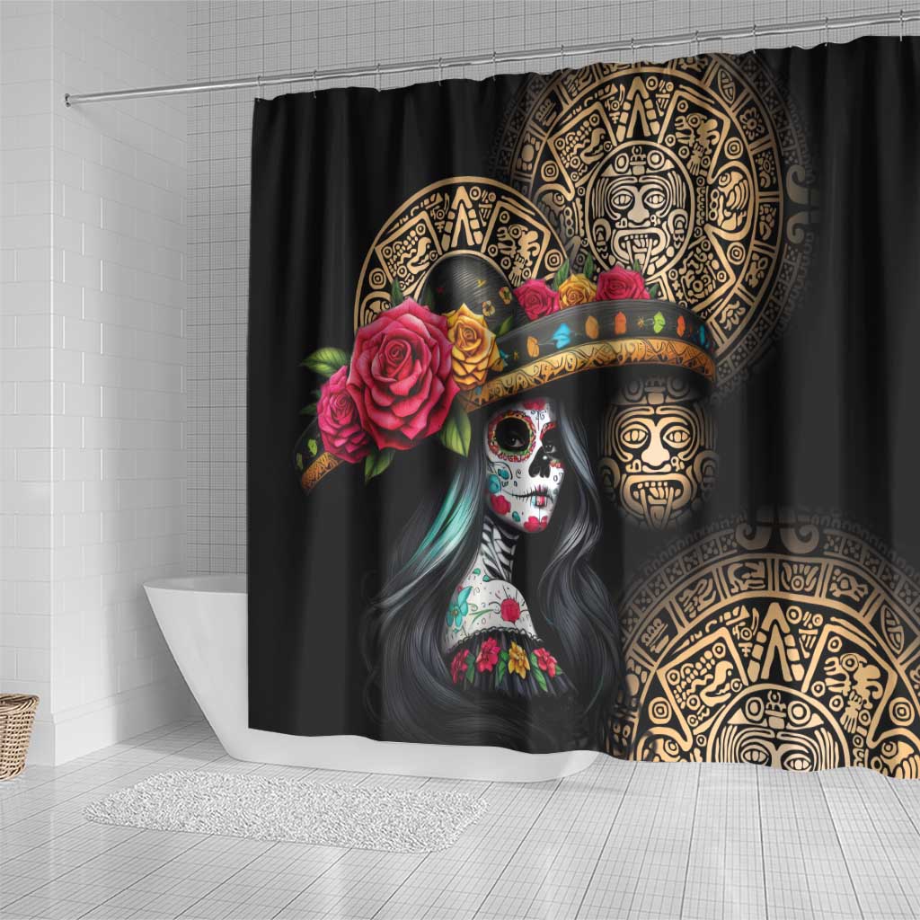 La Calavera Catrina Aztec Circle Shower Curtain Dia de Muertos