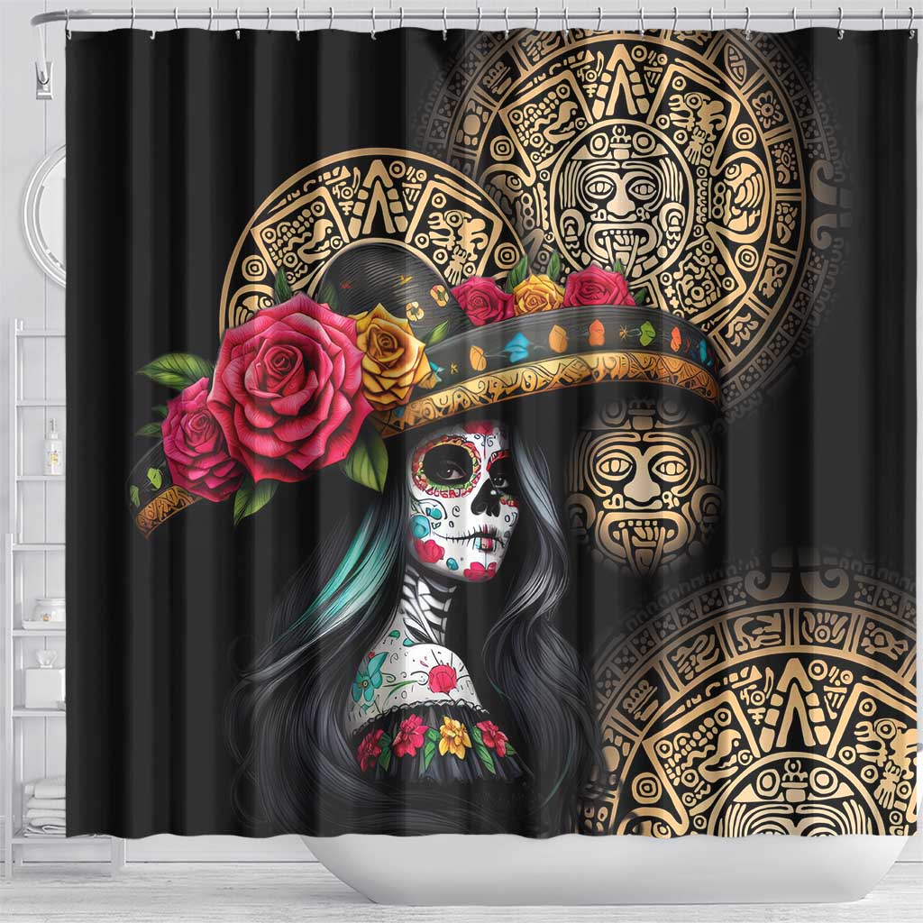 La Calavera Catrina Aztec Circle Shower Curtain Dia de Muertos