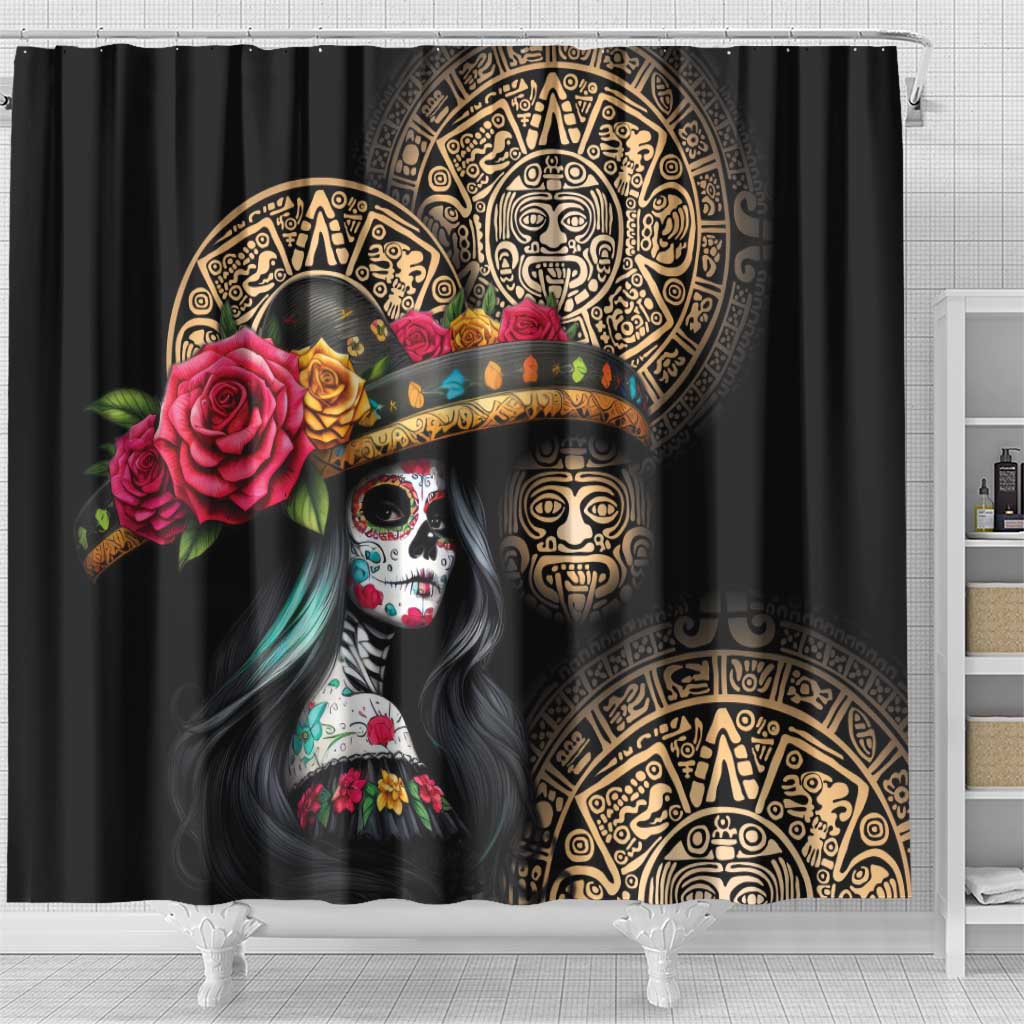 La Calavera Catrina Aztec Circle Shower Curtain Dia de Muertos