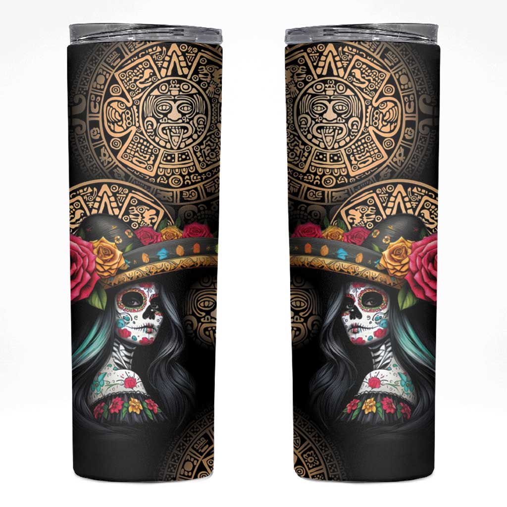 La Calavera Catrina Aztec Circle Skinny Tumbler Dia de Muertos - Wonder Print Shop