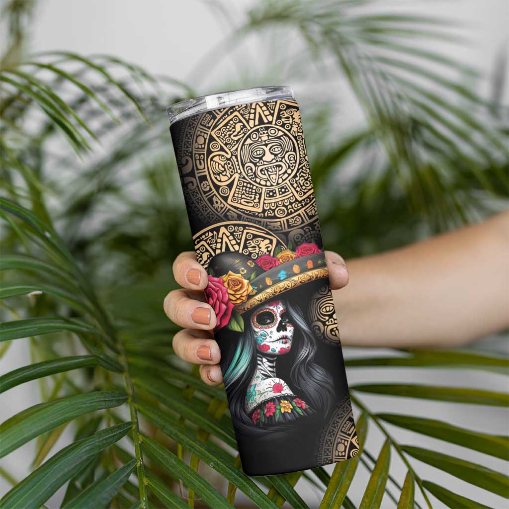 La Calavera Catrina Aztec Circle Skinny Tumbler Dia de Muertos - Wonder Print Shop