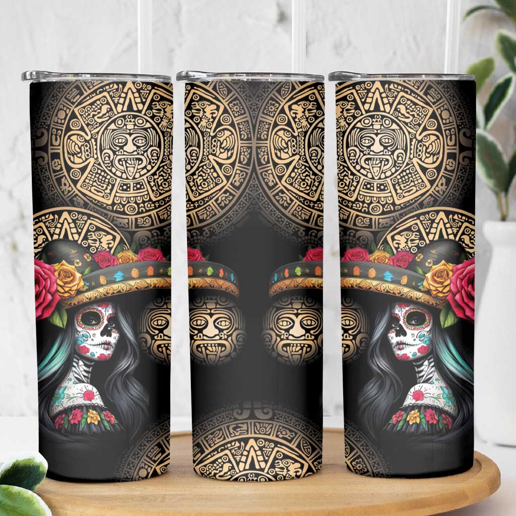 La Calavera Catrina Aztec Circle Skinny Tumbler Dia de Muertos - Wonder Print Shop