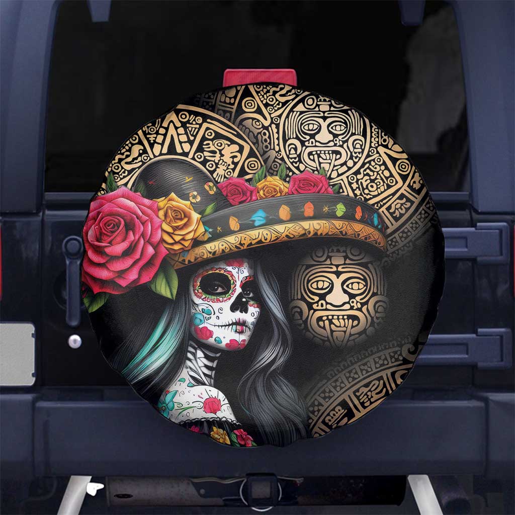 La Calavera Catrina Aztec Circle Spare Tire Cover Dia de Muertos - Wonder Print Shop