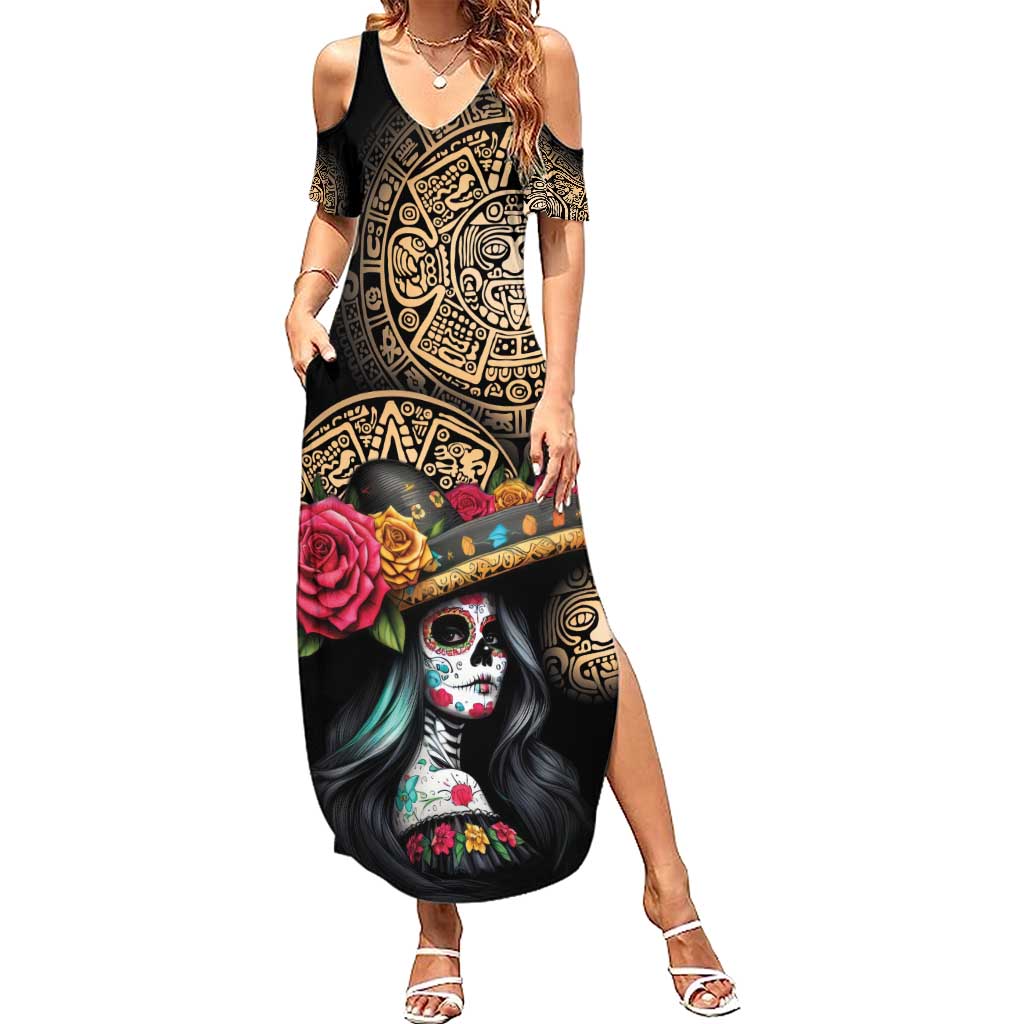La Calavera Catrina Aztec Circle Summer Maxi Dress Dia de Muertos - Wonder Print Shop
