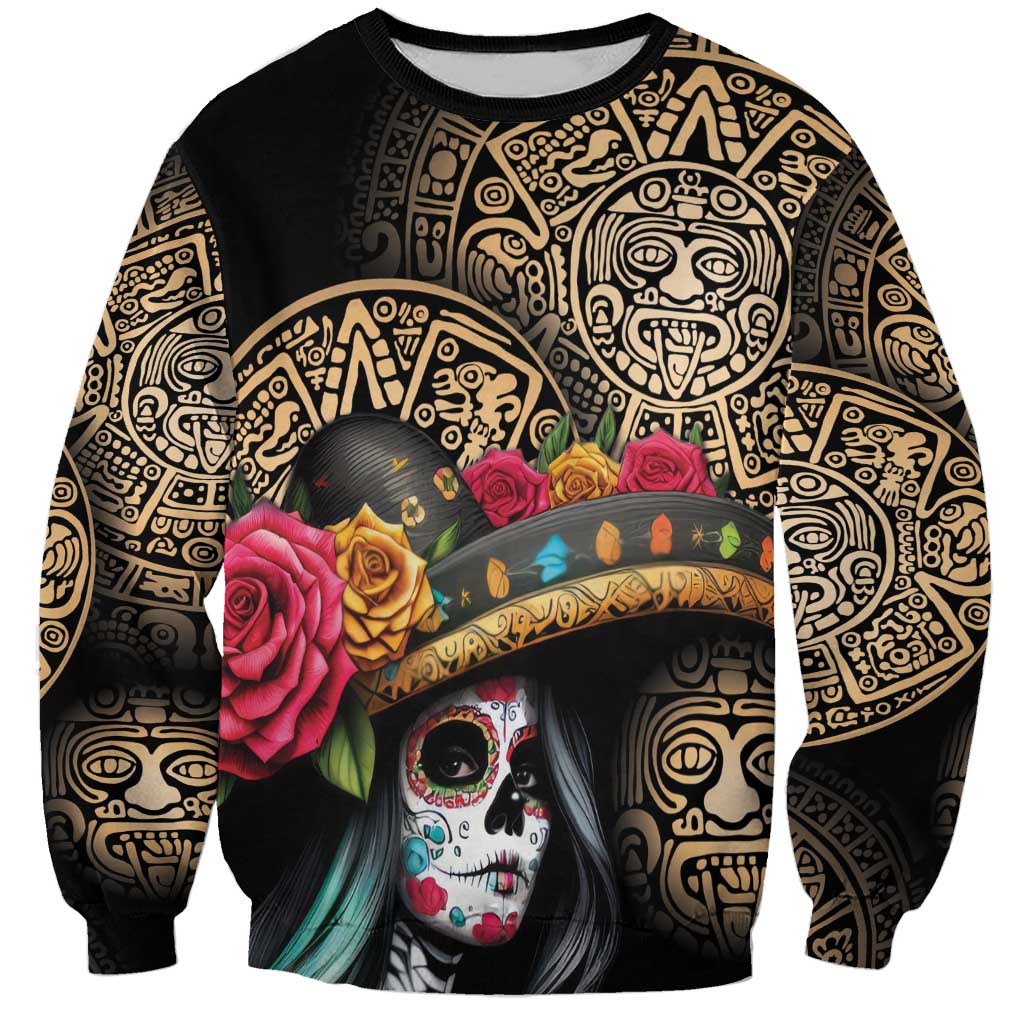 La Calavera Catrina Aztec Circle Sweatshirt Dia de Muertos - Wonder Print Shop
