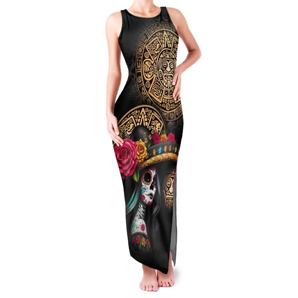 La Calavera Catrina Aztec Circle Tank Maxi Dress Dia de Muertos - Wonder Print Shop