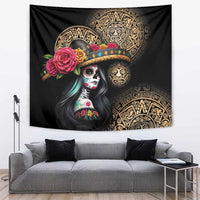 La Calavera Catrina Aztec Circle Tapestry Dia de Muertos - Wonder Print Shop
