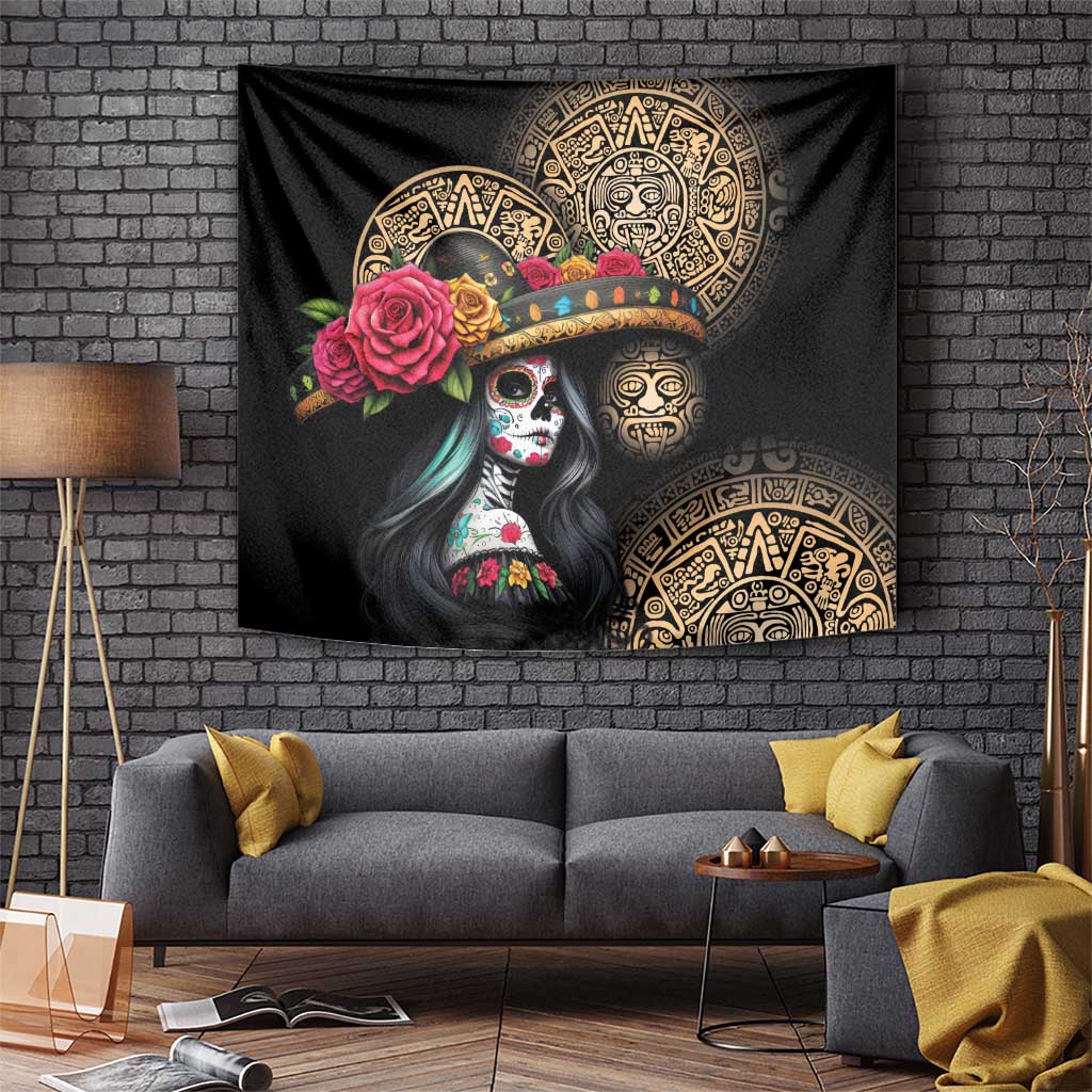 La Calavera Catrina Aztec Circle Tapestry Dia de Muertos - Wonder Print Shop