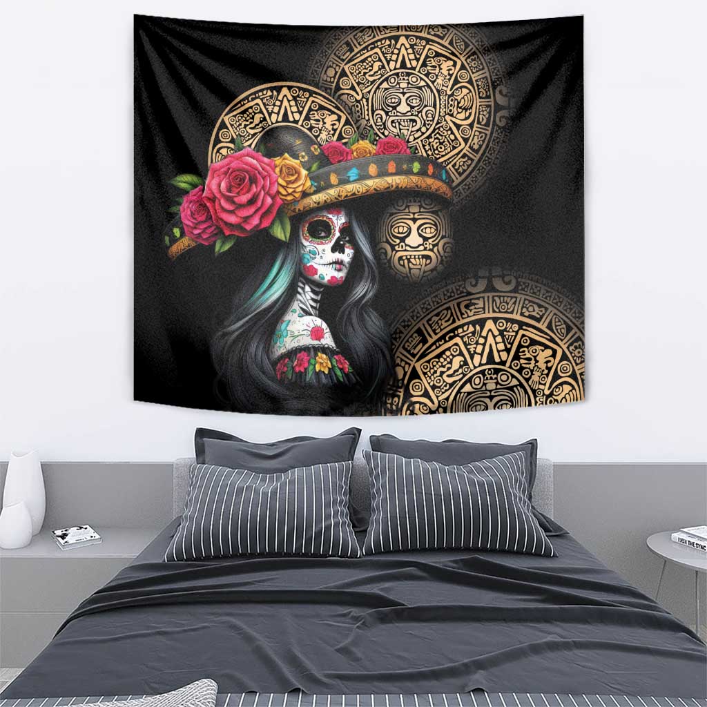 La Calavera Catrina Aztec Circle Tapestry Dia de Muertos - Wonder Print Shop