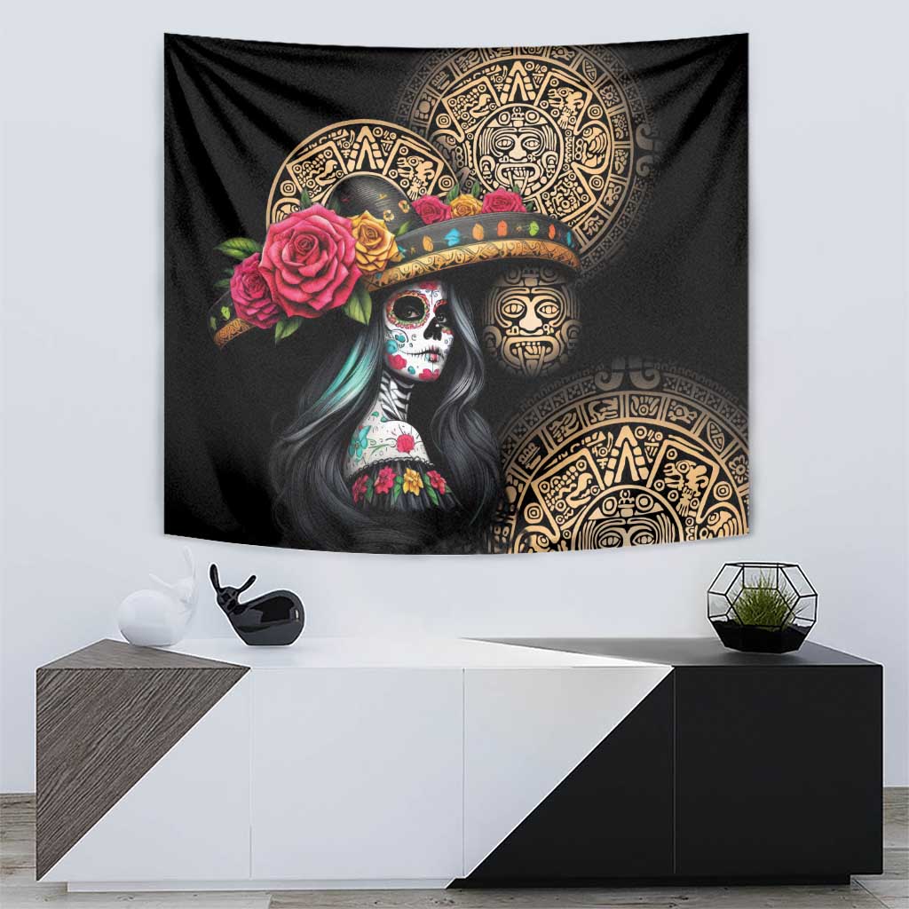La Calavera Catrina Aztec Circle Tapestry Dia de Muertos - Wonder Print Shop