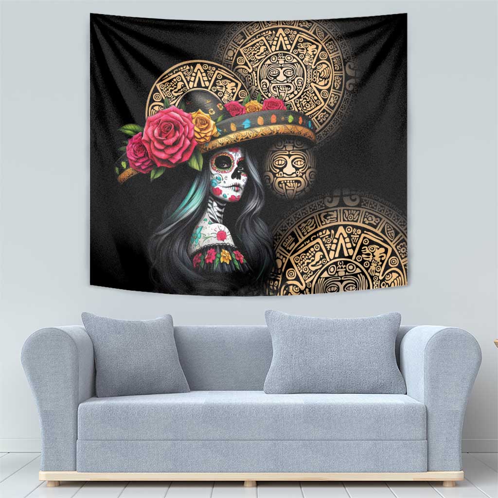 La Calavera Catrina Aztec Circle Tapestry Dia de Muertos - Wonder Print Shop