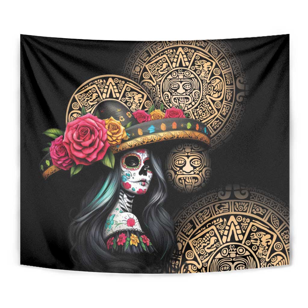 La Calavera Catrina Aztec Circle Tapestry Dia de Muertos - Wonder Print Shop