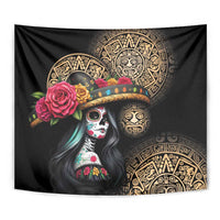 La Calavera Catrina Aztec Circle Tapestry Dia de Muertos - Wonder Print Shop