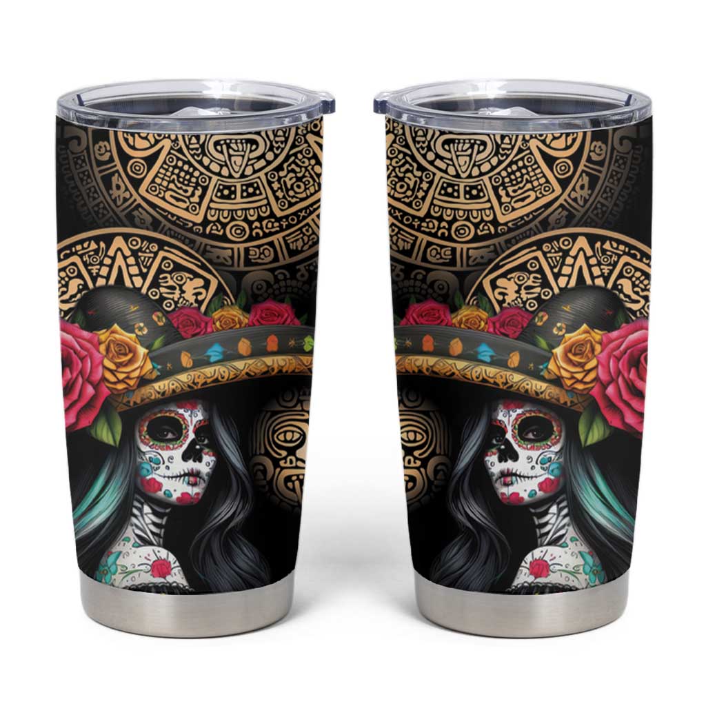 La Calavera Catrina Aztec Circle Tumbler Cup Dia de Muertos - Wonder Print Shop