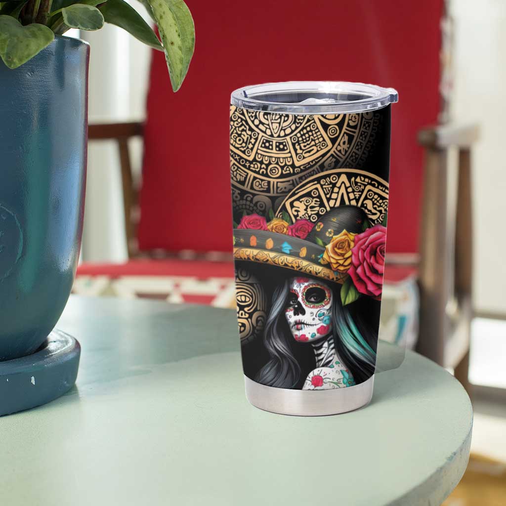 La Calavera Catrina Aztec Circle Tumbler Cup Dia de Muertos - Wonder Print Shop