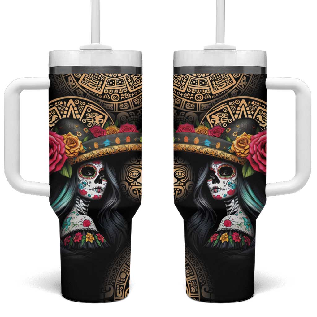 La Calavera Catrina Aztec Circle Tumbler With Handle Dia de Muertos - Wonder Print Shop