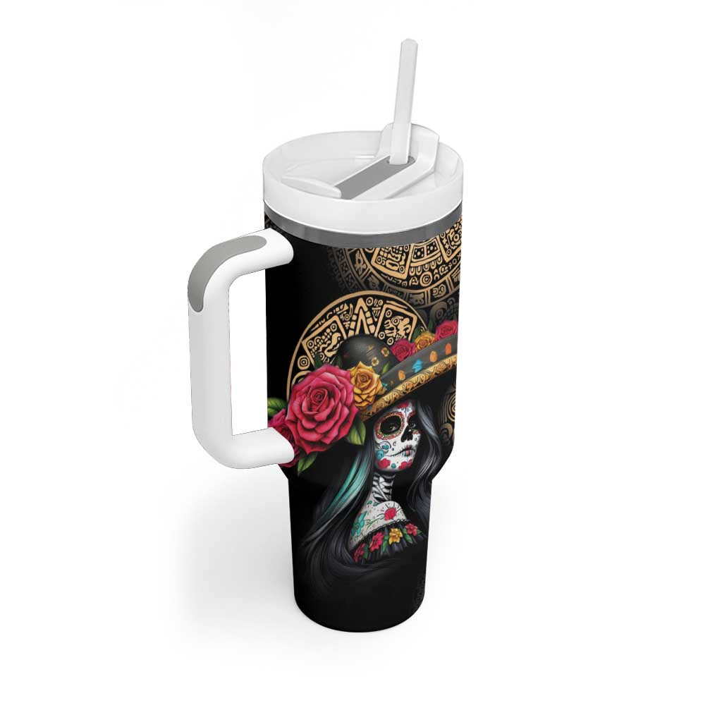 La Calavera Catrina Aztec Circle Tumbler With Handle Dia de Muertos - Wonder Print Shop