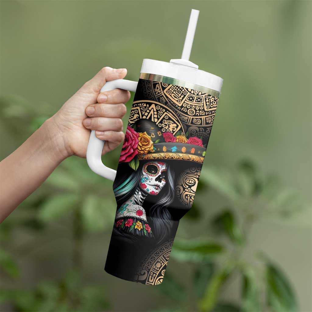 La Calavera Catrina Aztec Circle Tumbler With Handle Dia de Muertos - Wonder Print Shop