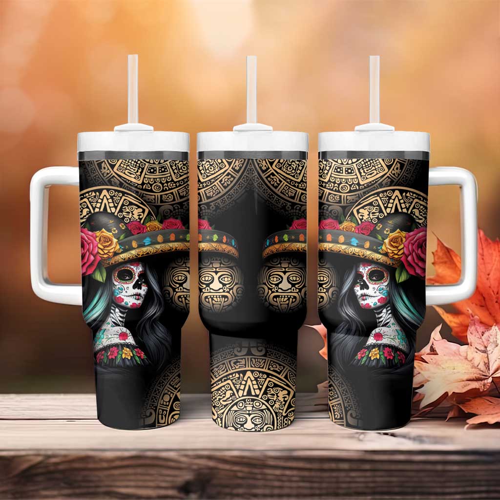 La Calavera Catrina Aztec Circle Tumbler With Handle Dia de Muertos - Wonder Print Shop