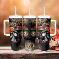 La Calavera Catrina Aztec Circle Tumbler With Handle Dia de Muertos - Wonder Print Shop