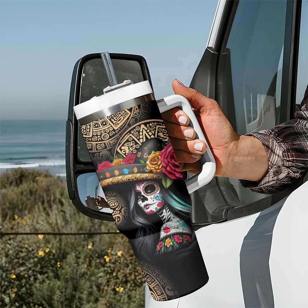 La Calavera Catrina Aztec Circle Tumbler With Handle Dia de Muertos - Wonder Print Shop