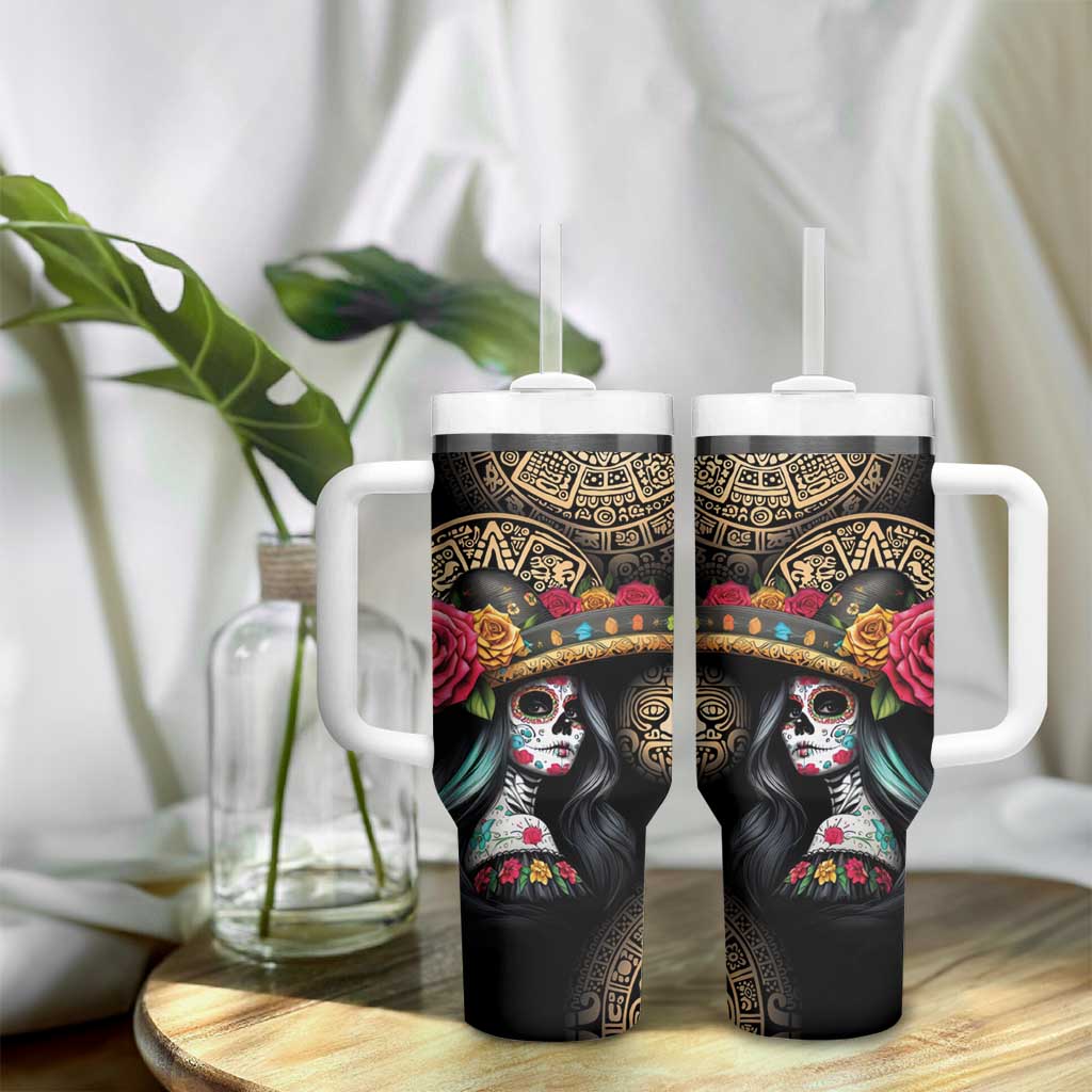 La Calavera Catrina Aztec Circle Tumbler With Handle Dia de Muertos - Wonder Print Shop