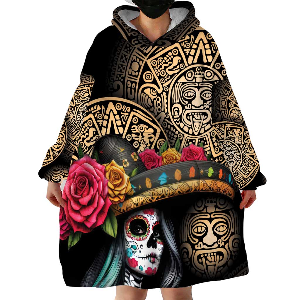 La Calavera Catrina Aztec Circle Wearable Blanket Hoodie Dia de Muertos - Wonder Print Shop