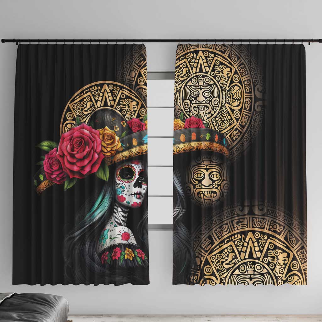 La Calavera Catrina Aztec Circle Window Curtain Dia de Muertos - Wonder Print Shop