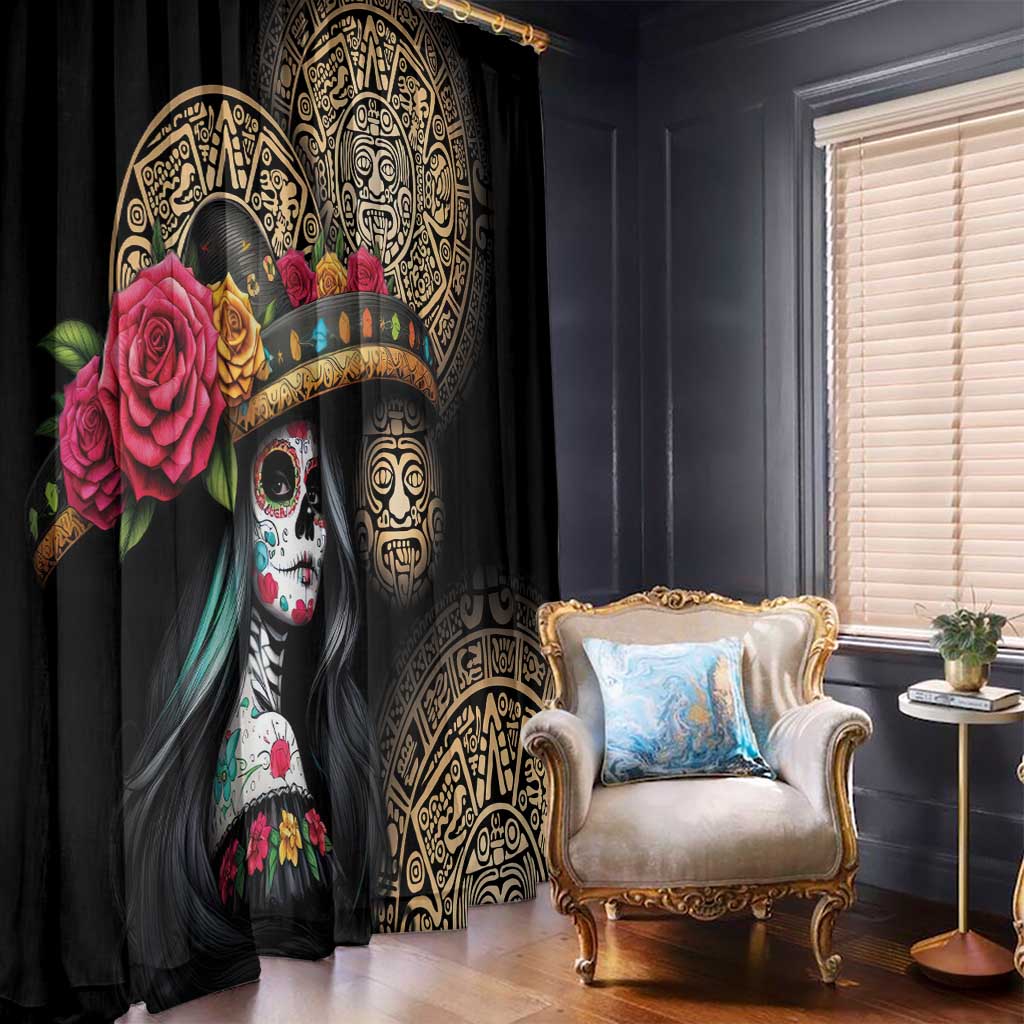La Calavera Catrina Aztec Circle Window Curtain Dia de Muertos - Wonder Print Shop