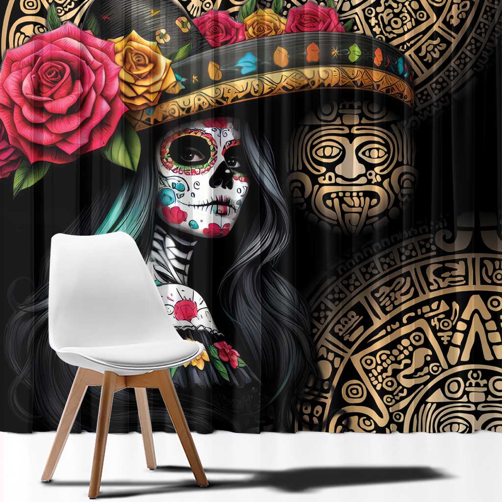 La Calavera Catrina Aztec Circle Window Curtain Dia de Muertos - Wonder Print Shop