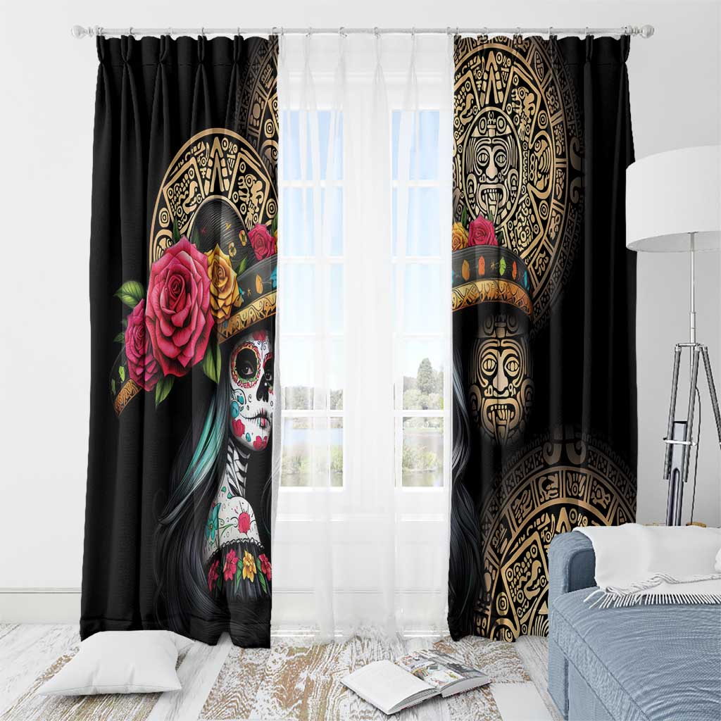 La Calavera Catrina Aztec Circle Window Curtain Dia de Muertos - Wonder Print Shop