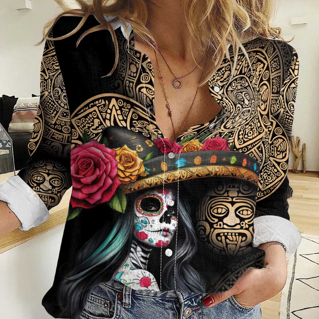 La Calavera Catrina Aztec Circle Women Casual Shirt Dia de Muertos - Wonder Print Shop