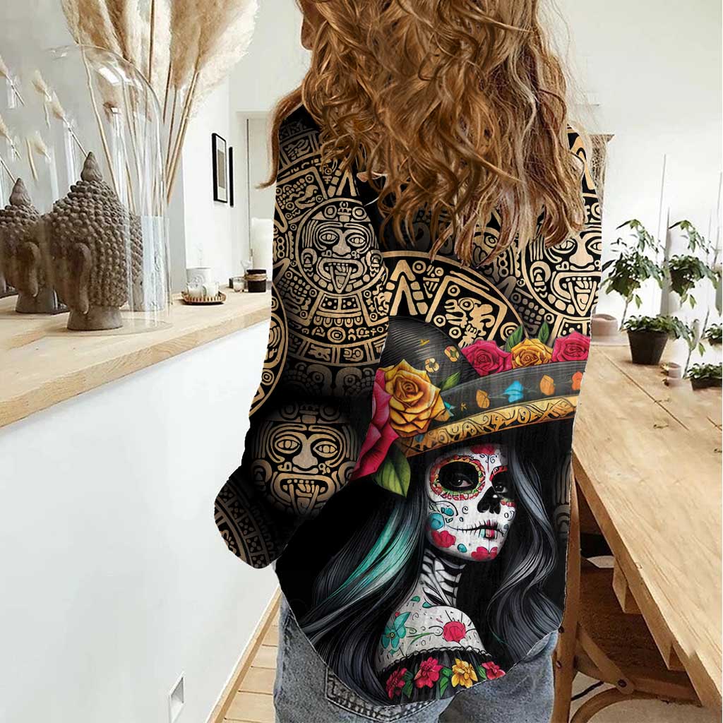 La Calavera Catrina Aztec Circle Women Casual Shirt Dia de Muertos - Wonder Print Shop