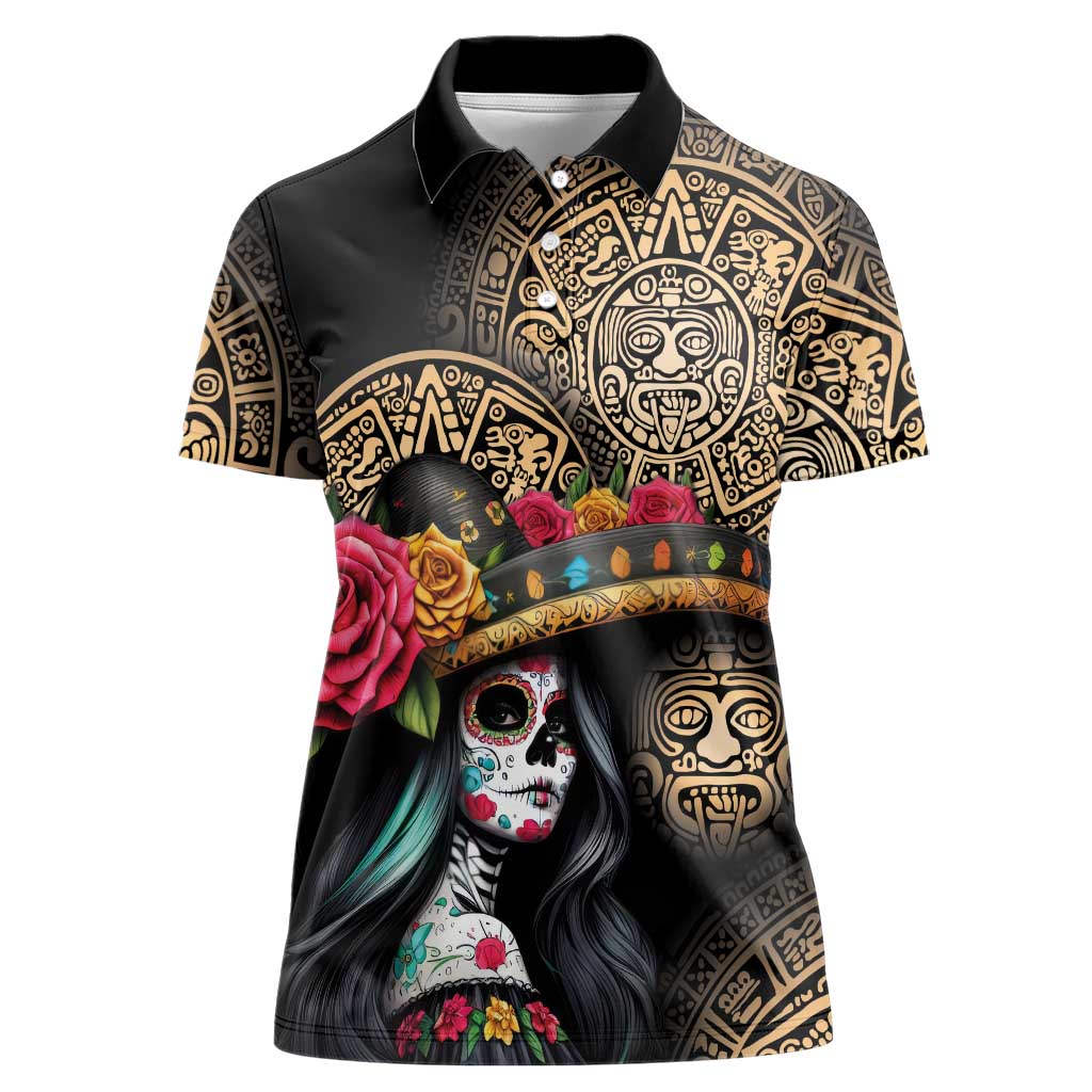 La Calavera Catrina Aztec Circle Women Polo Shirt Dia de Muertos - Wonder Print Shop