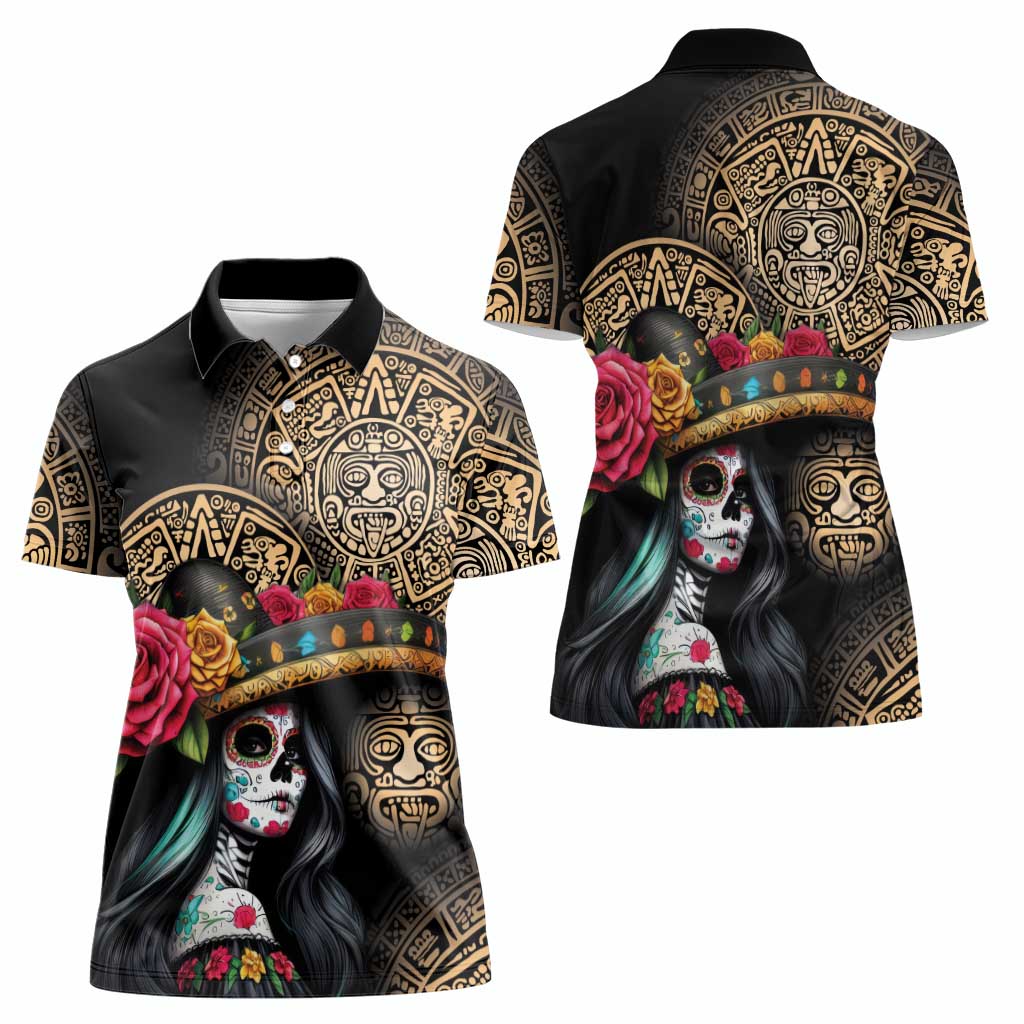 La Calavera Catrina Aztec Circle Women Polo Shirt Dia de Muertos - Wonder Print Shop