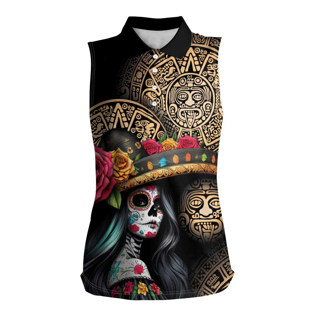 La Calavera Catrina Aztec Circle Women Sleeveless Polo Shirt Dia de Muertos - Wonder Print Shop