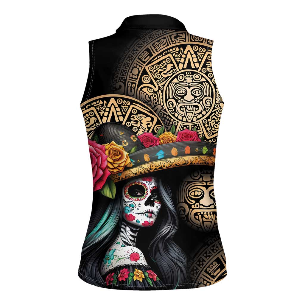 La Calavera Catrina Aztec Circle Women Sleeveless Polo Shirt Dia de Muertos - Wonder Print Shop